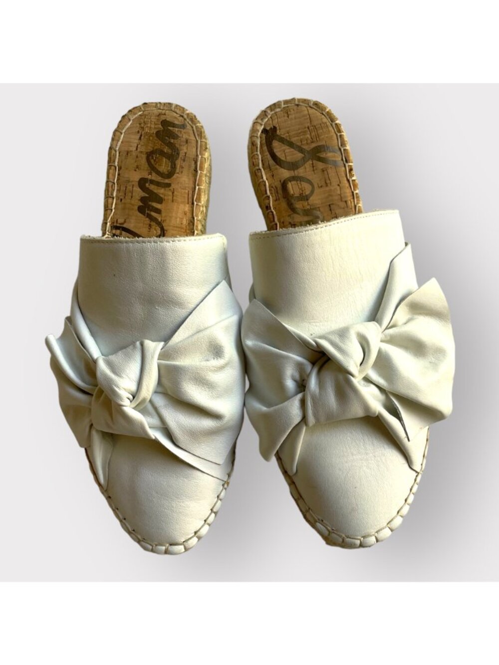 Sam Edelman Size 7.5 White Lynda Leather Bow Espadrille Slide Sandals Mule Shoes - Picture 4 of 14